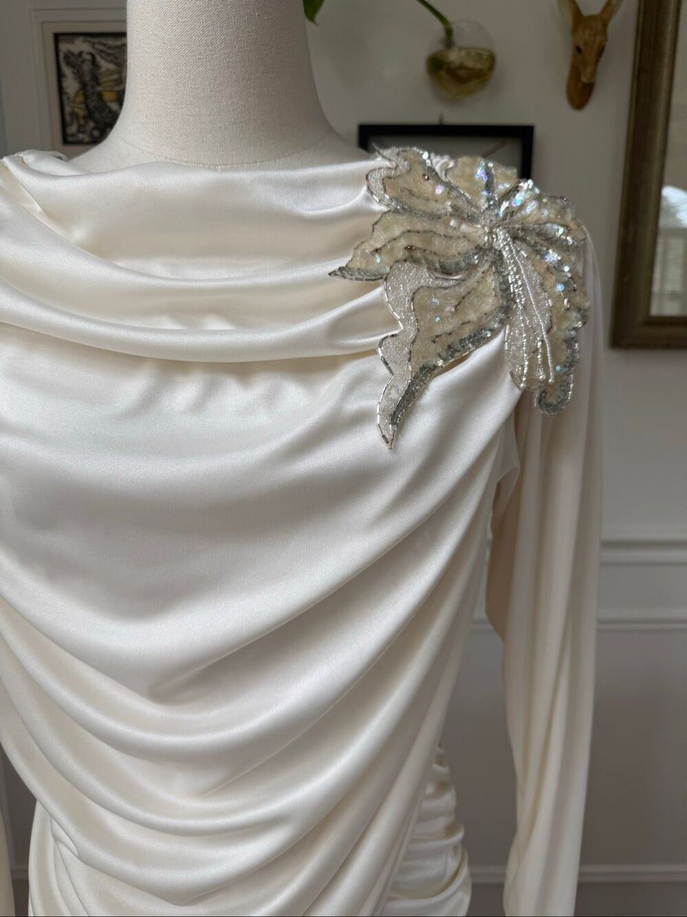 Vintage 80s Susan Roselli for Vijack Grecian Goddess Slinky Dress Ivory Rhinesto - Picture 2 of 10